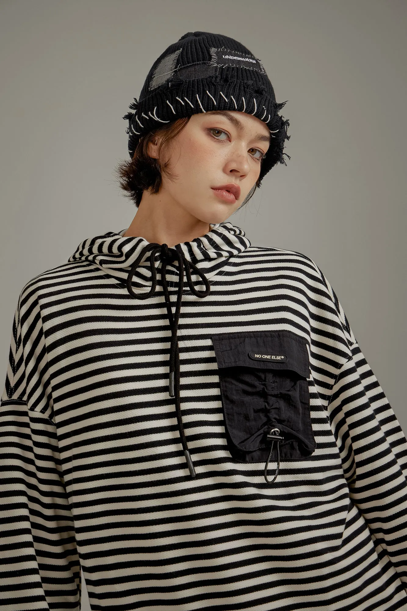 Striped Pocket Drawstring Hoodie