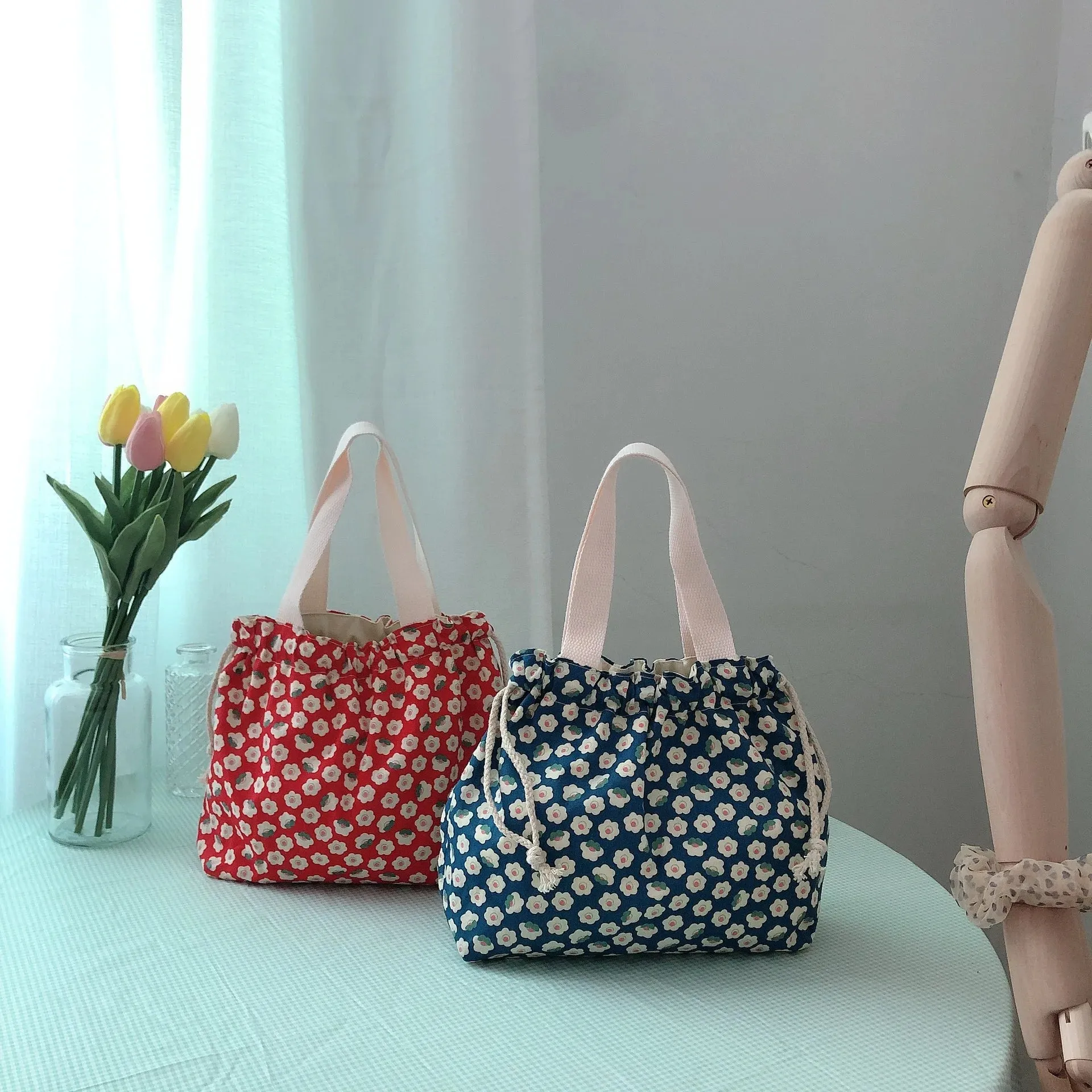 TAVIMART  -  Japanese Sweet Flowers Lunch Bags For Women Cotton Drawstring Small Hand-held Bag Shopper Purse Food Bolsa