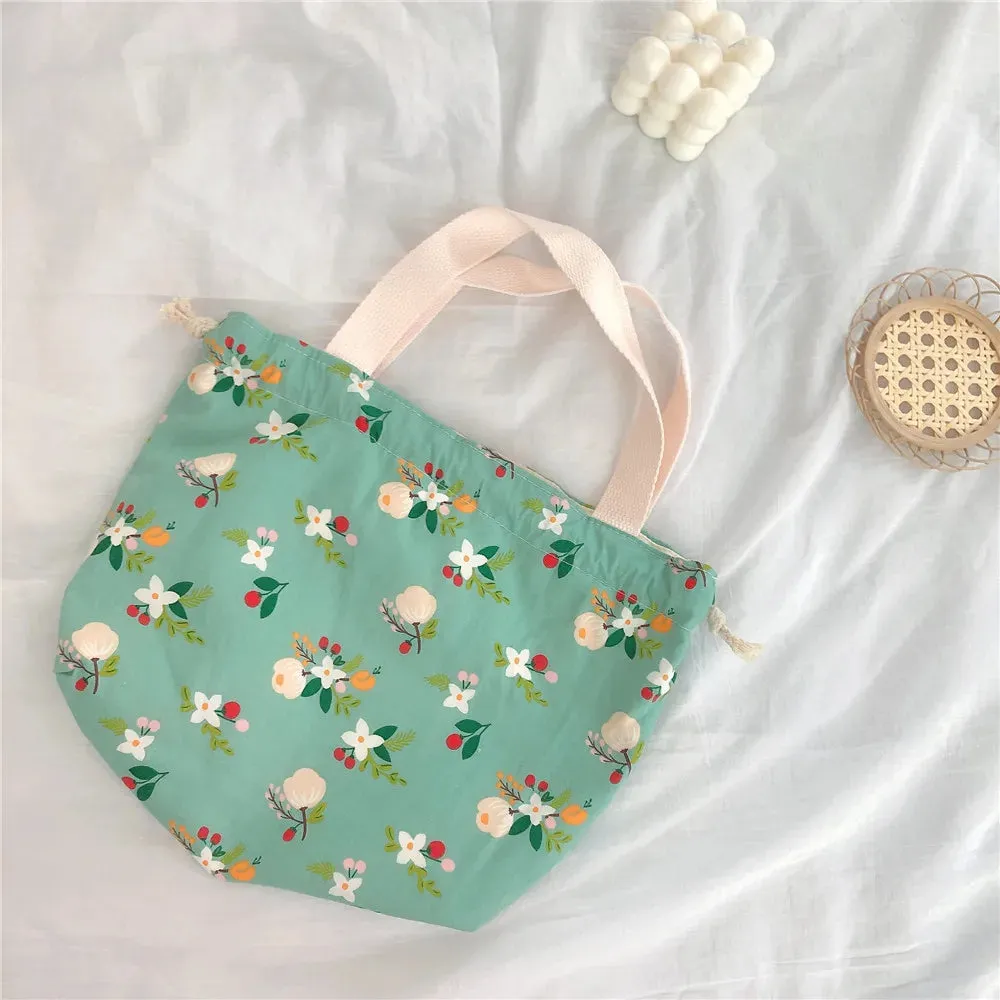 TAVIMART  -  Japanese Sweet Flowers Lunch Bags For Women Cotton Drawstring Small Hand-held Bag Shopper Purse Food Bolsa