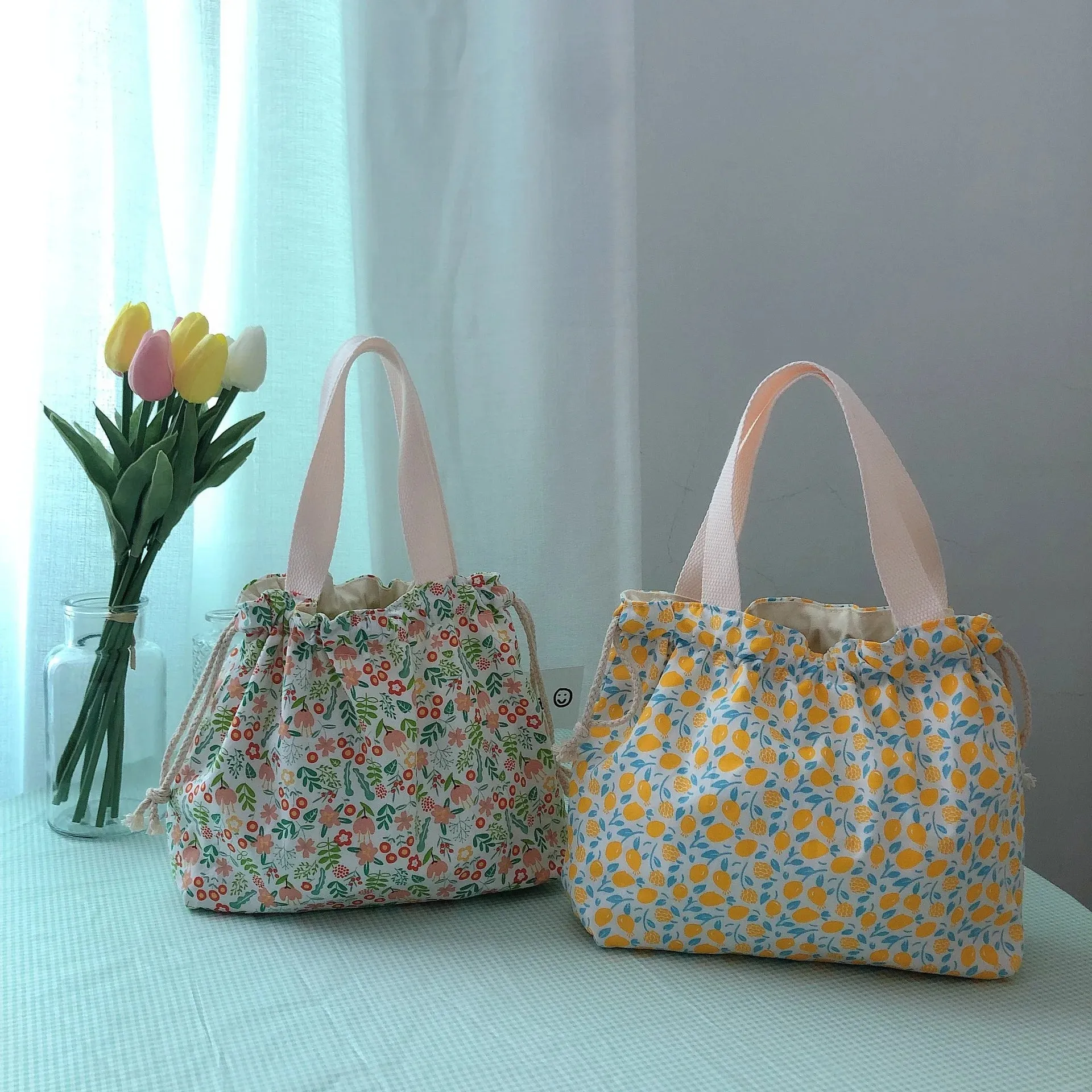 TAVIMART  -  Japanese Sweet Flowers Lunch Bags For Women Cotton Drawstring Small Hand-held Bag Shopper Purse Food Bolsa