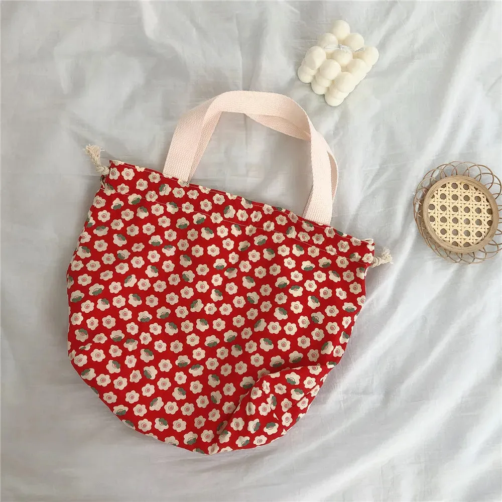 TAVIMART  -  Japanese Sweet Flowers Lunch Bags For Women Cotton Drawstring Small Hand-held Bag Shopper Purse Food Bolsa