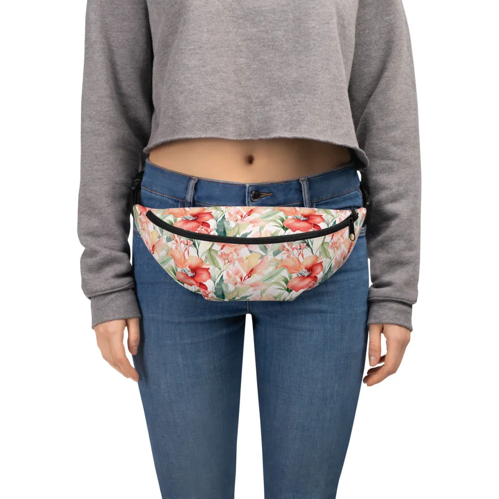 Tropical Fanny Pack, Pink Flowers Floral Waist Belt Bag Crossbody Women Men Hip Bum 90s Designer Shoulder Festival Waterproof