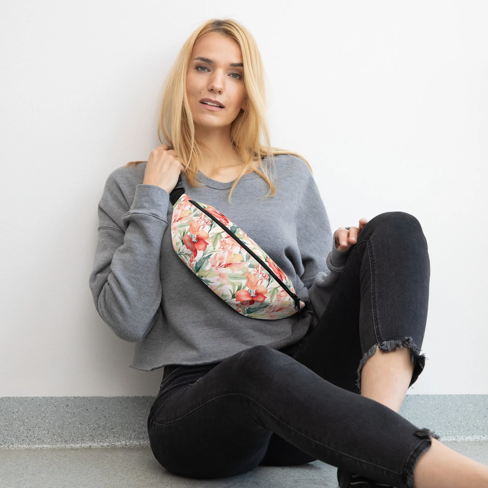 Tropical Fanny Pack, Pink Flowers Floral Waist Belt Bag Crossbody Women Men Hip Bum 90s Designer Shoulder Festival Waterproof