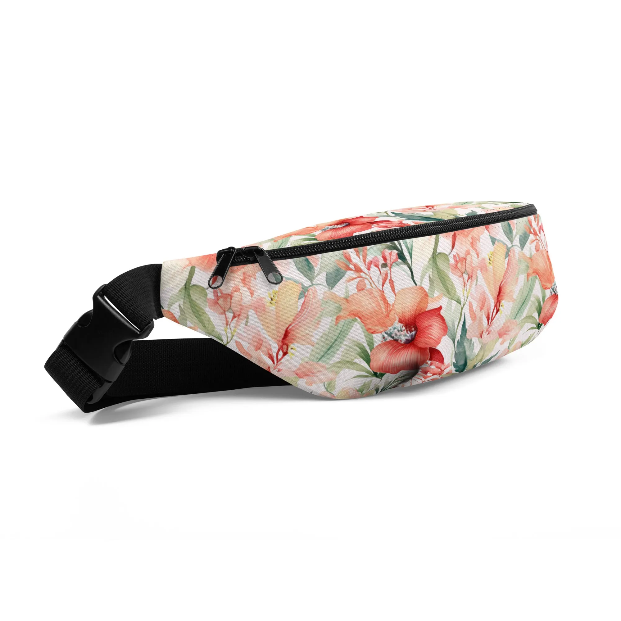Tropical Fanny Pack, Pink Flowers Floral Waist Belt Bag Crossbody Women Men Hip Bum 90s Designer Shoulder Festival Waterproof