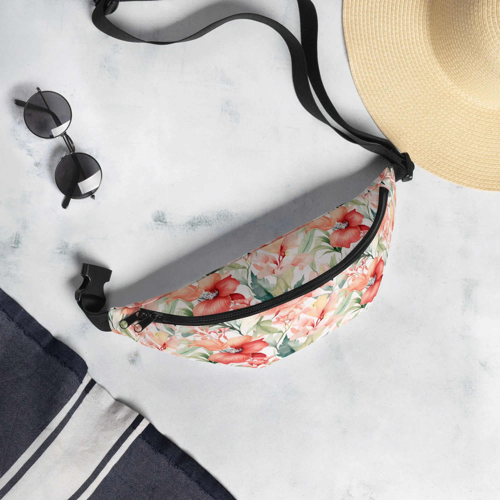 Tropical Fanny Pack, Pink Flowers Floral Waist Belt Bag Crossbody Women Men Hip Bum 90s Designer Shoulder Festival Waterproof