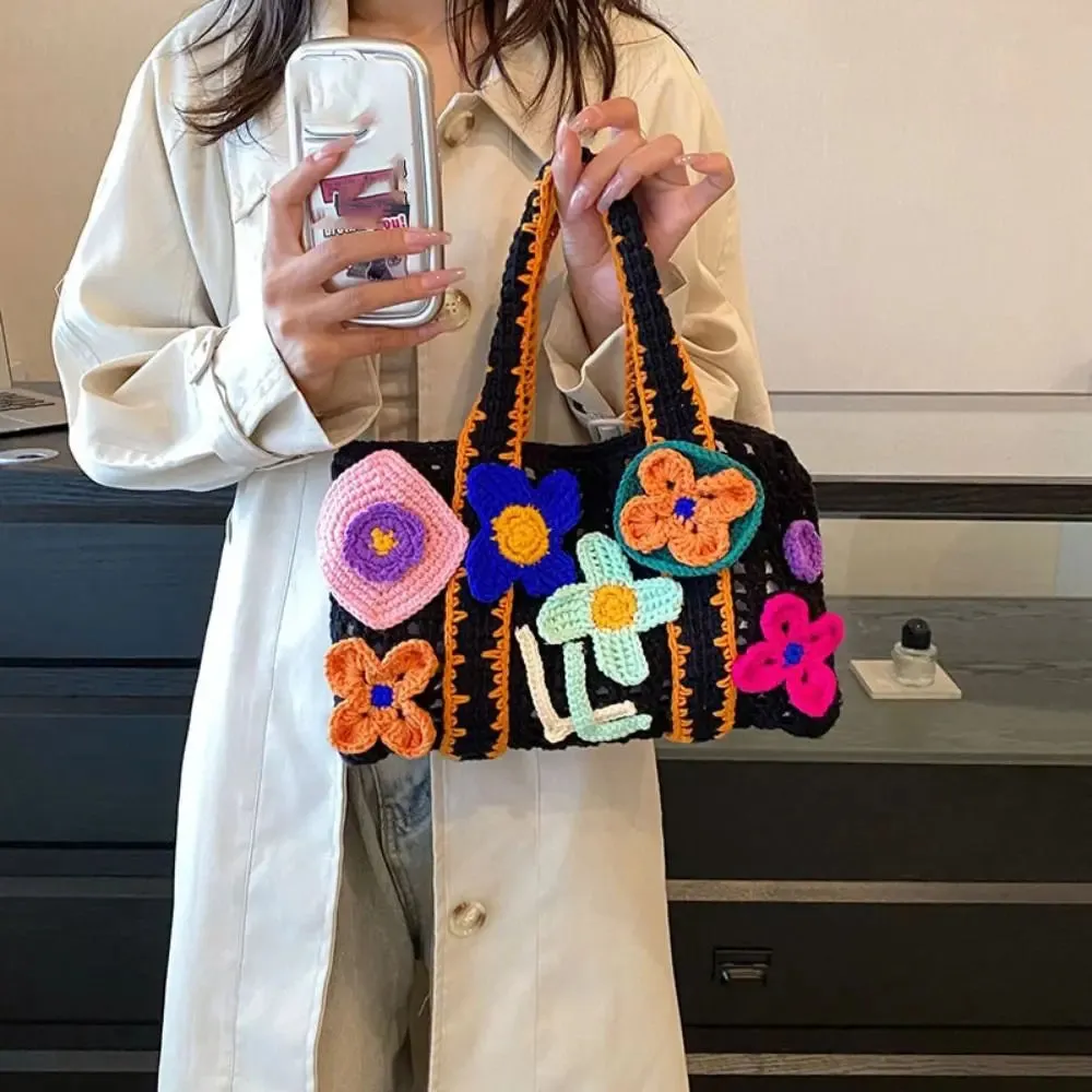 UAKISS  -  Large Capacity Flower Knitted Tote Bag Casual Hollowed Out Reusable Shoulder Bag Handmade Shopping Bags Women