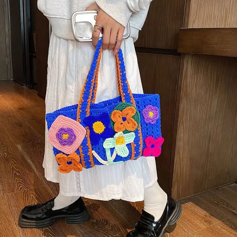 UAKISS  -  Large Capacity Flower Knitted Tote Bag Casual Hollowed Out Reusable Shoulder Bag Handmade Shopping Bags Women