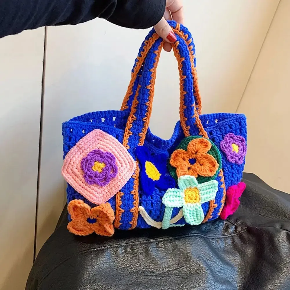 UAKISS  -  Large Capacity Flower Knitted Tote Bag Casual Hollowed Out Reusable Shoulder Bag Handmade Shopping Bags Women