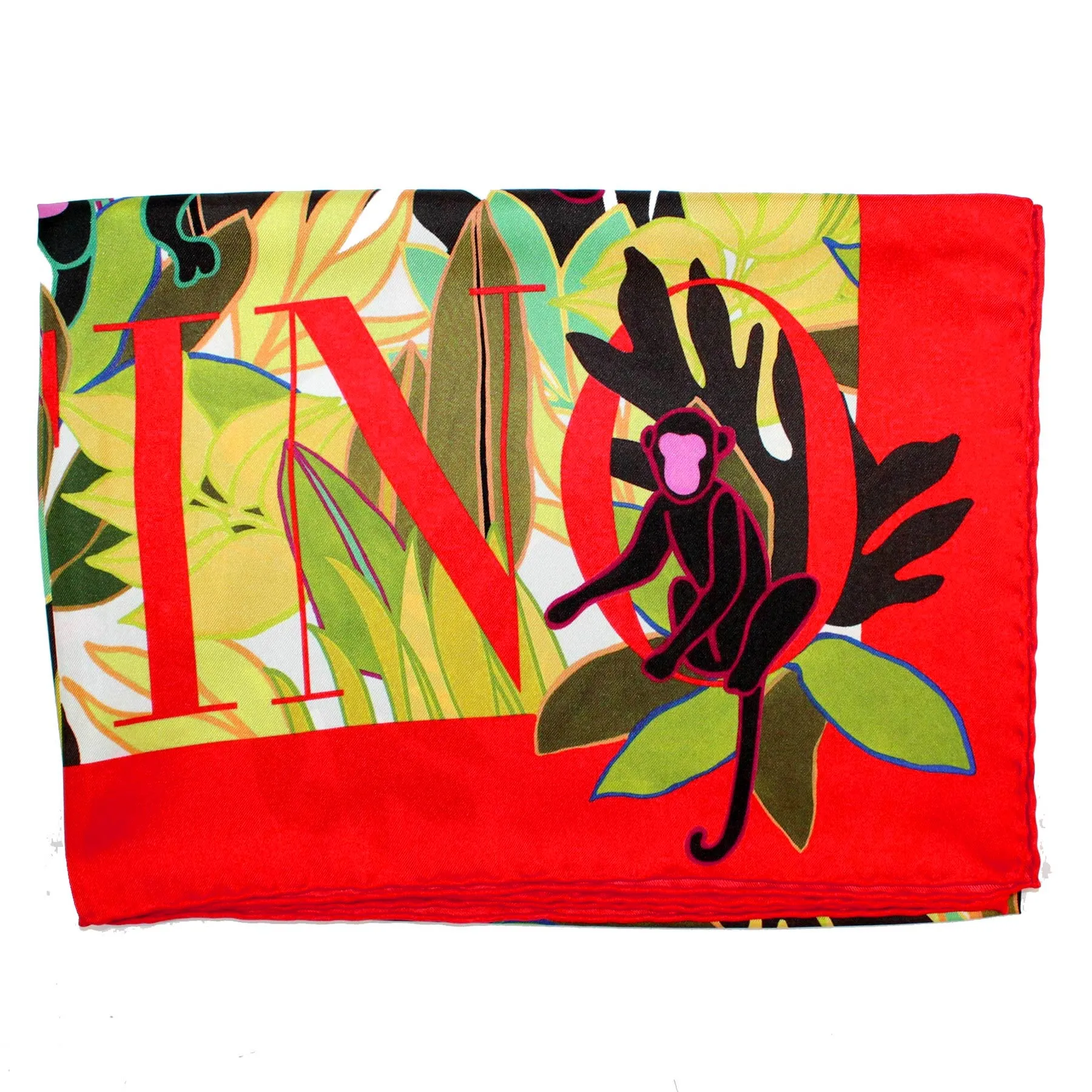 Valentino Scarf Red Green Monkey Design - 36" Square Twill Silk Women Foulard BLACK FRIDAY SALE