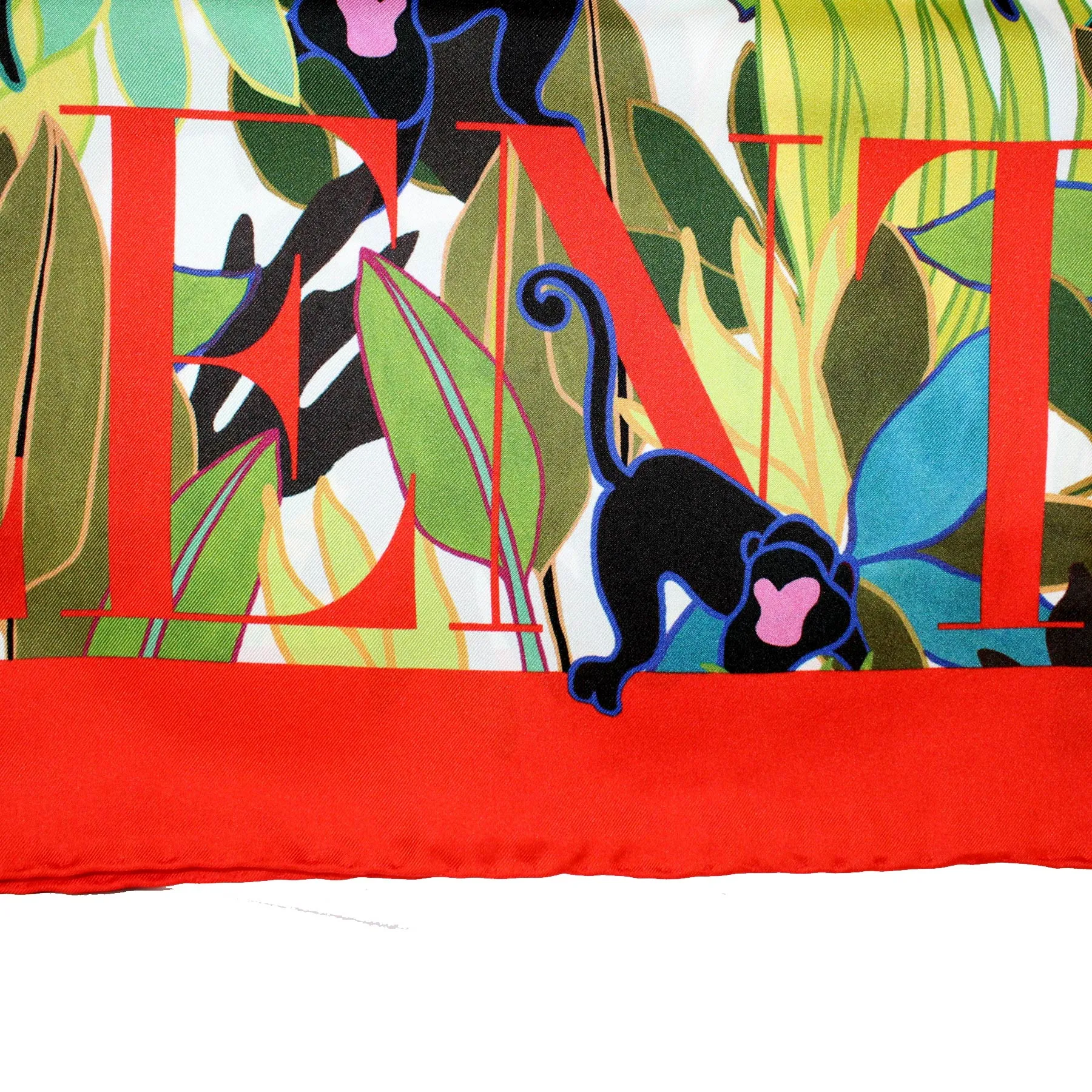 Valentino Scarf Red Green Monkey Design - 36" Square Twill Silk Women Foulard BLACK FRIDAY SALE