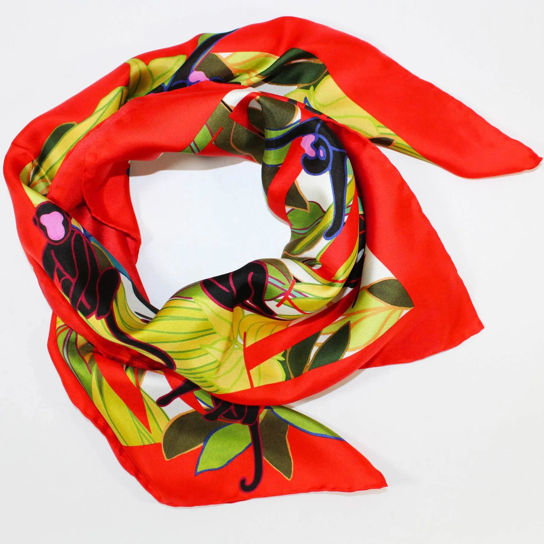 Valentino Scarf Red Green Monkey Design - 36" Square Twill Silk Women Foulard BLACK FRIDAY SALE