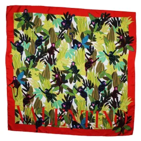 Valentino Scarf Red Green Monkey Design - 36" Square Twill Silk Women Foulard BLACK FRIDAY SALE