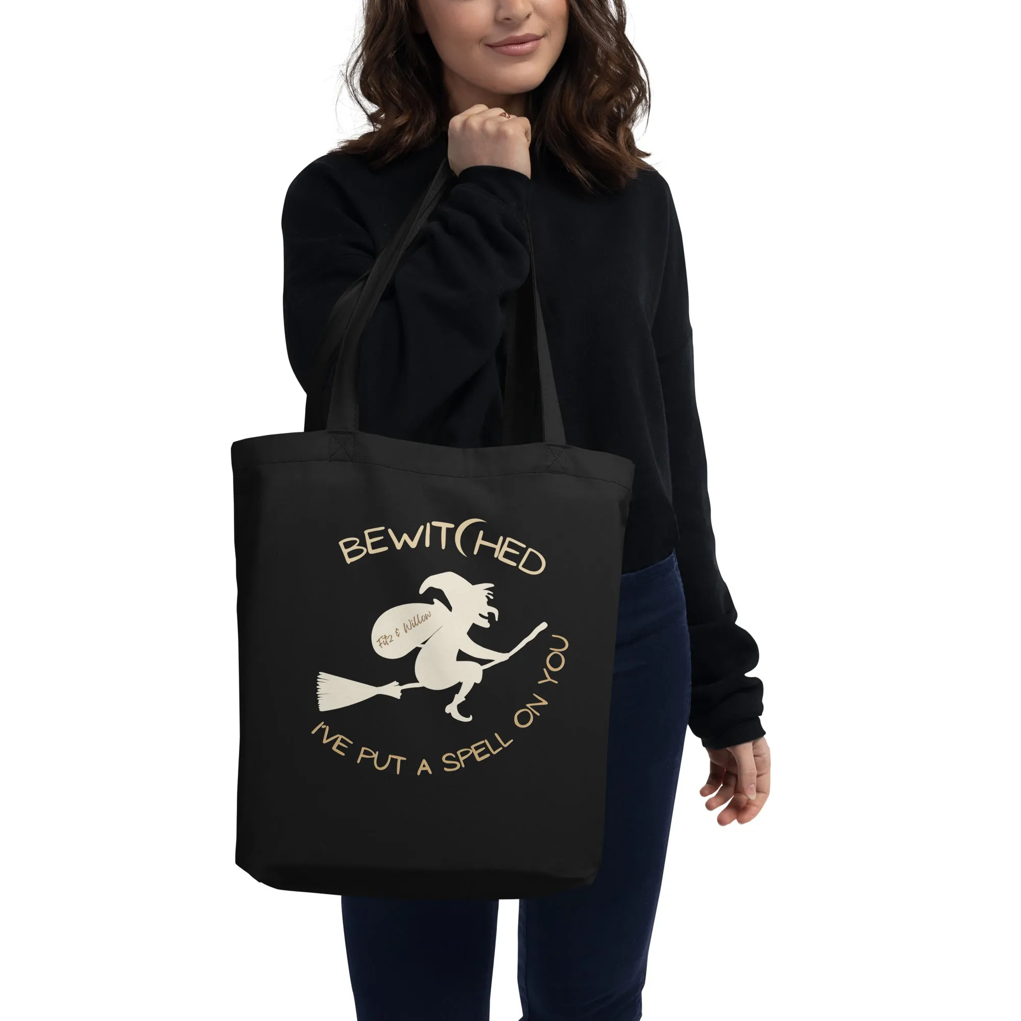 Vegan Organic Tote: Bewitched Quote & Witch on Broom Design