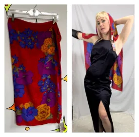 Vintage 80s 90s | Red Liz Claiborne Floral Print Colorful Large Silk Scarf
